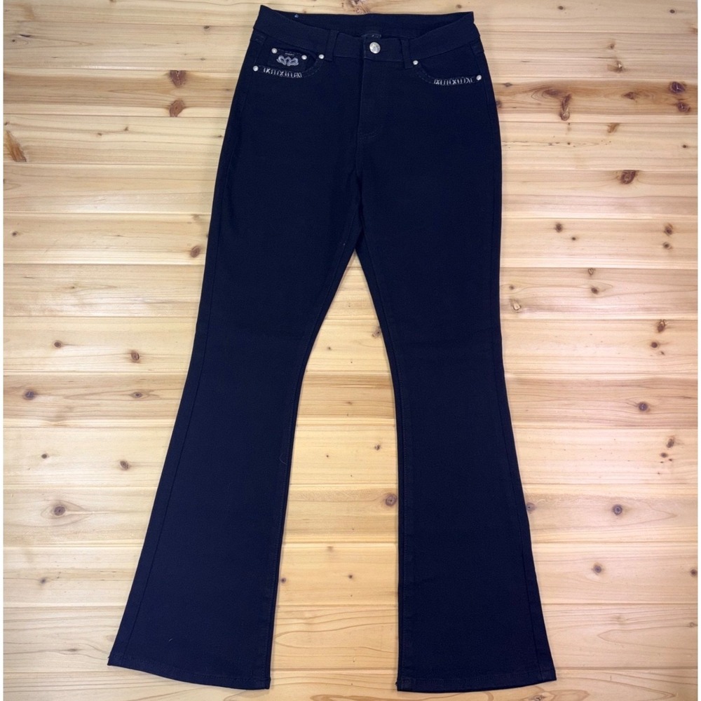 H&Y Fashion Jeans Womens 9 Black Flared High Rise Embroidered Flap Pocket Denim